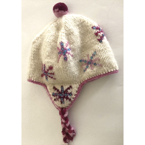 Everest Designs Ear Flap Hat Girls Wool Winter Hat Pompom Snow Star Pink Pastels - Picture 2 of 13